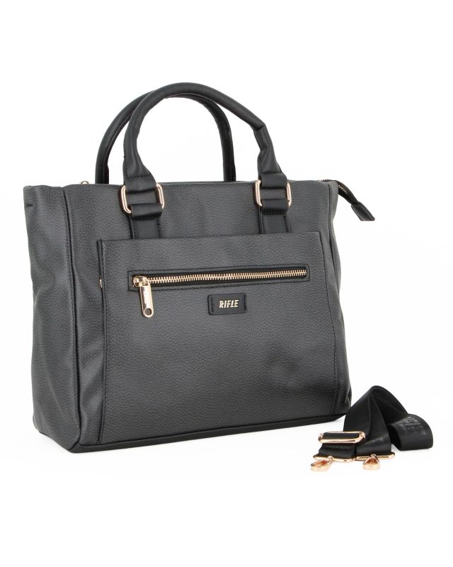 Product: RIFLE - Borsa due manici nera con doppia tasca frontale, tracolla removibile (1 of 4)