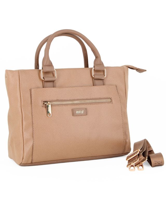Product: RIFLE - Borsa due manici taupe con doppia tasca frontale, tracolla removibile (1 of 4)