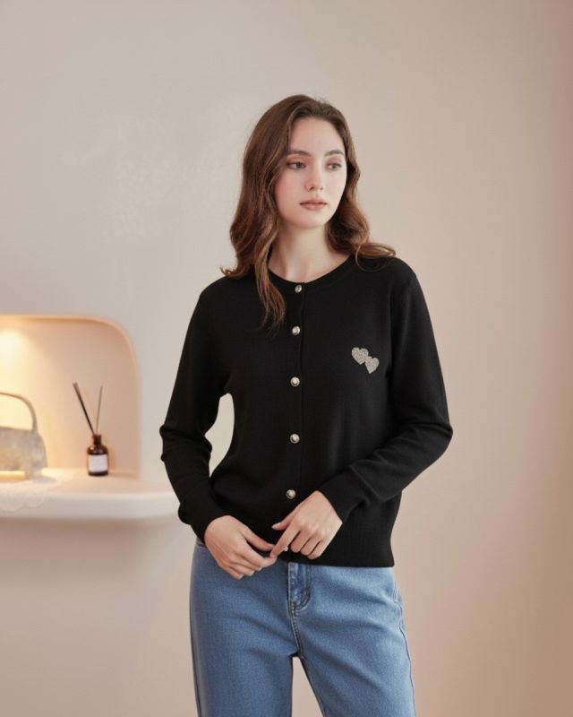 Product: BACHATA - Cardigan manica lunga nero con bottoni da donna (1 of 4)