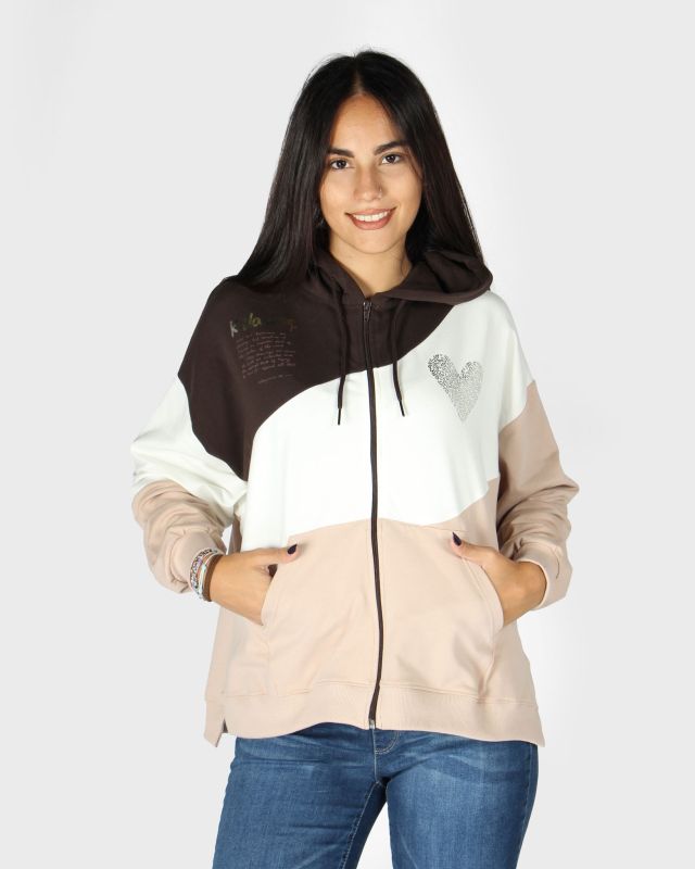 Product: KEITH HARI - Felpa marrone/panna/avorio da donna full zip con cappuccio (1 of 6)