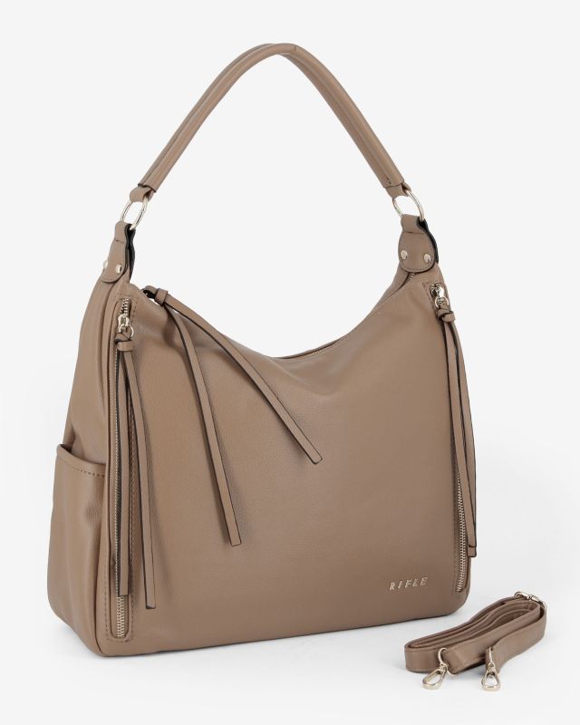 Product: RIFLE - Borsa sacca taupe con zip frontali verticali e tasche laterali, tracolla removibile (1 of 4)