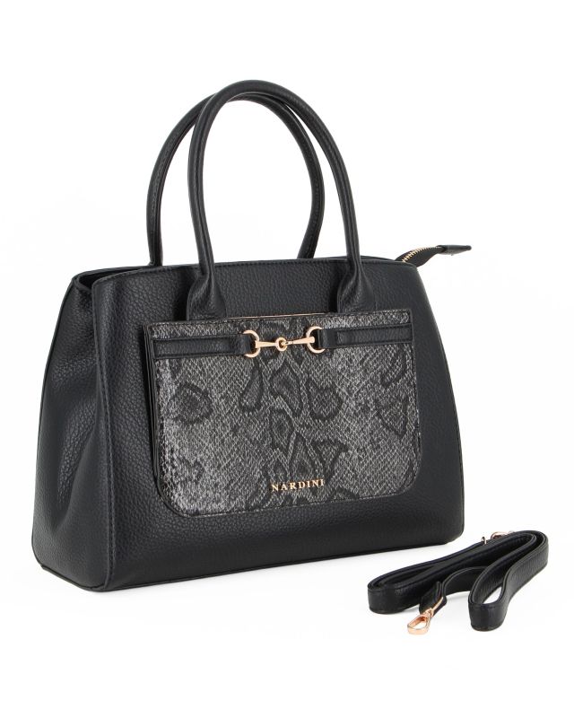 Product: NARDINI - Borsa due manici nera con tasca frontale pitonata e dettaglio morsetto, tracolla removibile (1 of 4)