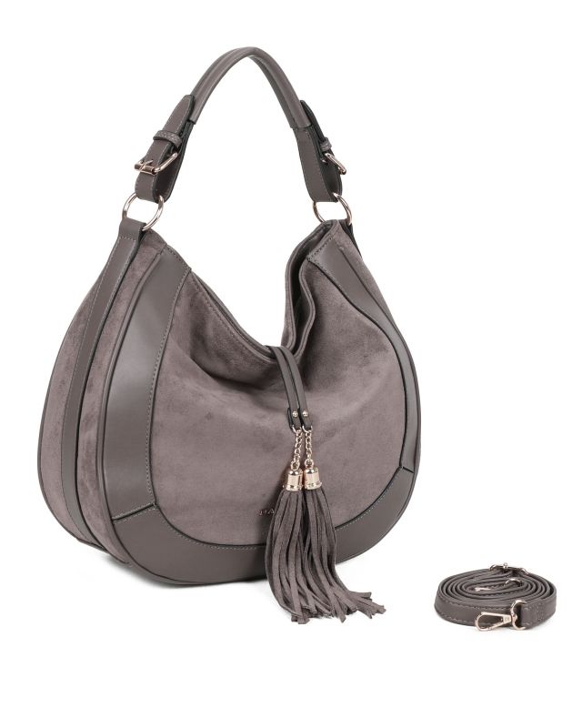 Product: NARDINI - Borsa un manico grigia scamosciata con pennacchi a frange e tasca posteriore, tracolla removibile (1 of 3)