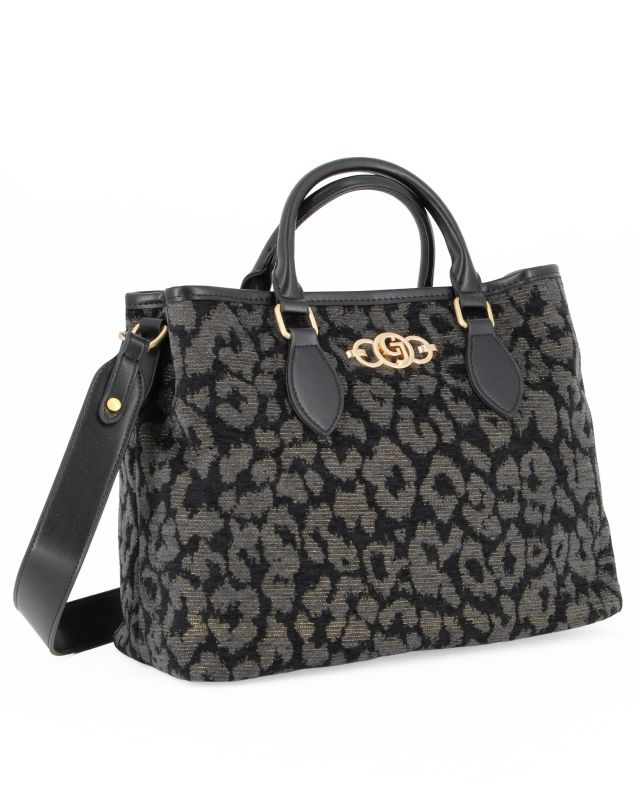 Product: CARRERA - Borsa  due manici nera leopardata con logo frontale, tracolla removibile (1 of 5)