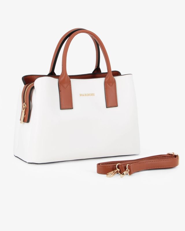Product: RIFLE - Borsa due manici bianco/cuoio con tre scomparti principali, tracolla removibile (1 of 4)