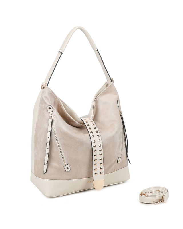 Product: RIFLE - Borsa sacca beige con tasche frontali e mini pattina con borchie, tracolla removibile (1 of 3)