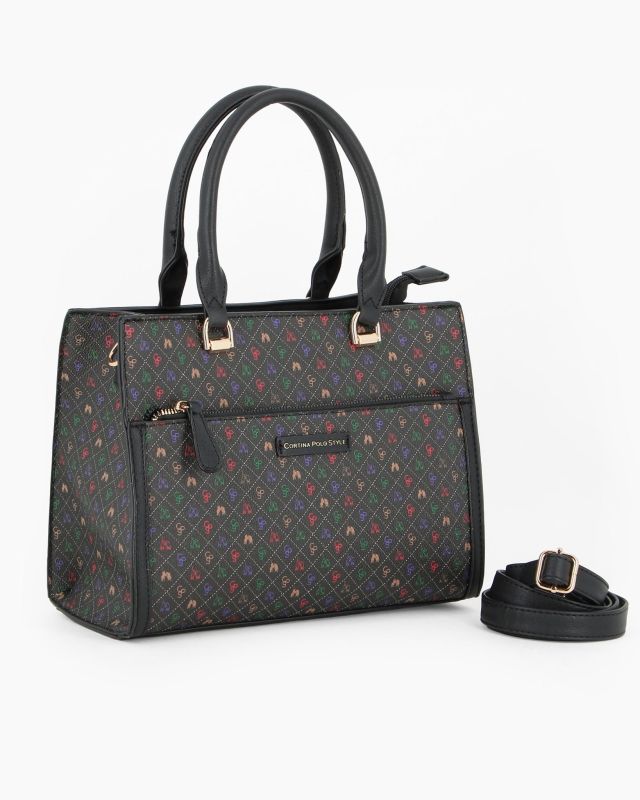 Product: CORTINA POLO STYLE - Borsa due manici nero/multicolor logata con tasca frontale, tracolla removibile (1 of 4)