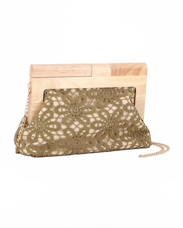 Product: DIVAS - Borsa pochette verde ricamata con stecca in legno (1 of 4)