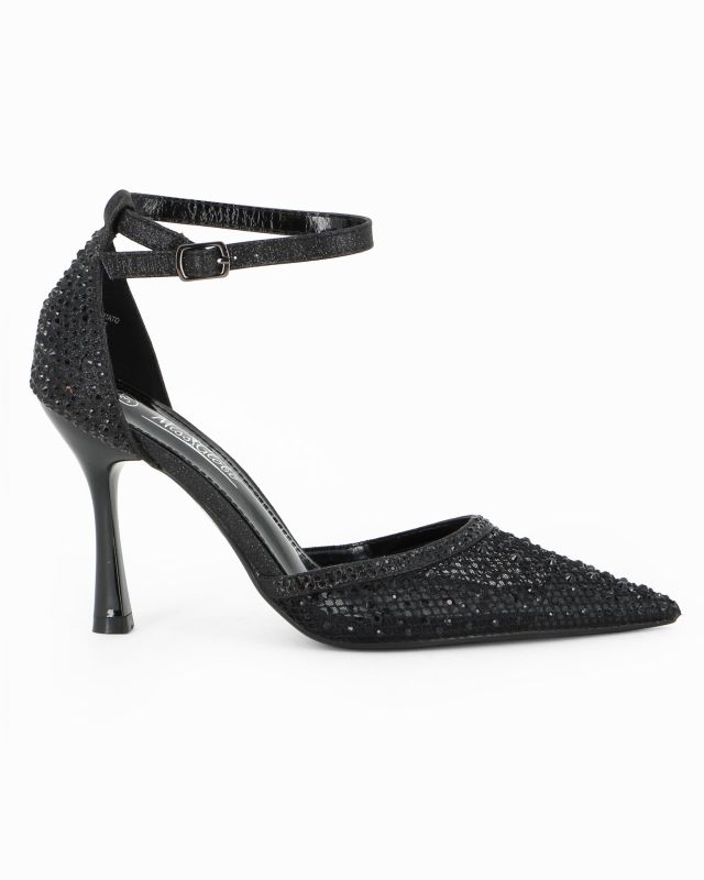Product: MISS GLOBO - Décolleté nera traforata con strass e cinturino alla caviglia, tacco 9CM (1 of 5)