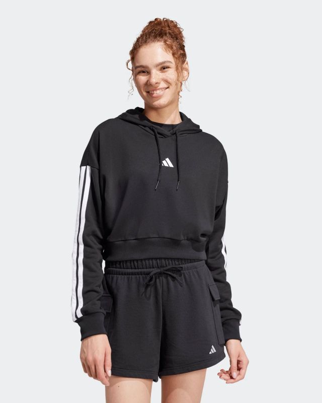 Product: ADIDAS - FELPA CROPPED NERA DA DONNA CON CAPPUCCIO ESSENTIALS 3 STRIPES FRENCH TERRY CROP - JE0017 (1 of 7)