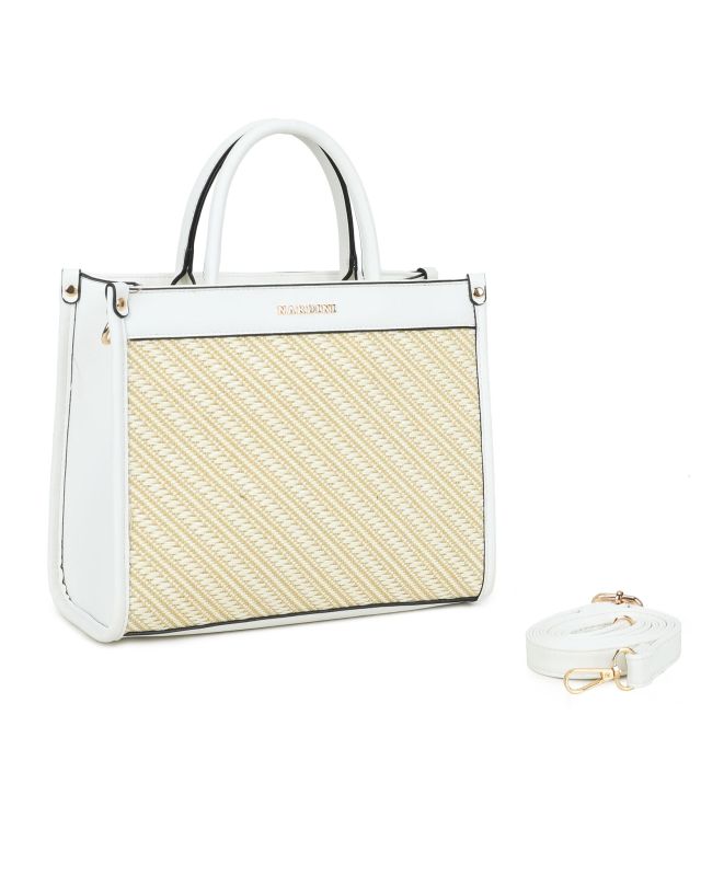 Product: RIFLE - Borsa due manici bianca con tasca posteriore e parte frontale in paglia, tracolla removibile (1 of 3)