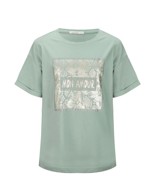 Product: BACHATA - Tshirt manica corta verde salvia con scritta e stampa (1 of 2)