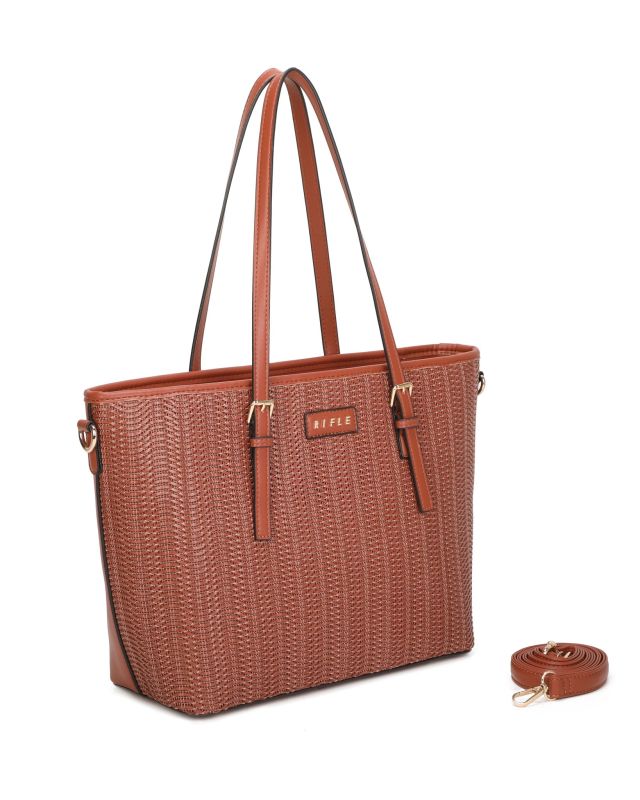 Product: RIFLE - Borsa shopping marrone con parte frontale effetto paglia e tasca posteriore, tracolla removibile (1 of 3)