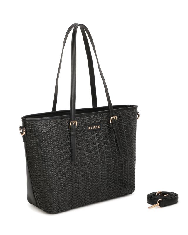 Product: RIFLE - Borsa shopping nera con parte frontale effetto paglia e tasca posteriore, tracolla removibile (1 of 3)