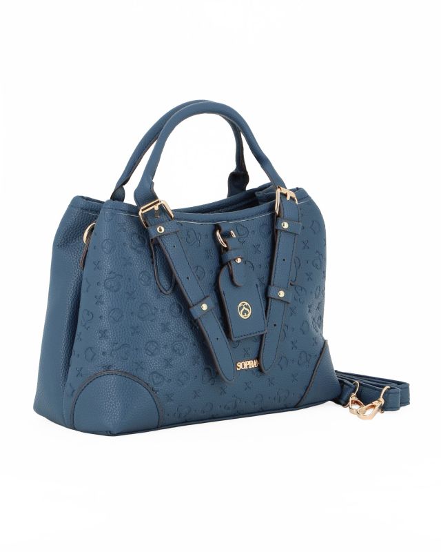 Product: SOLO SOPRANI - Borsa due manici blu loggata con tre scomparti principali e ciondolo frontale, tracolla removibile (1 of 4)