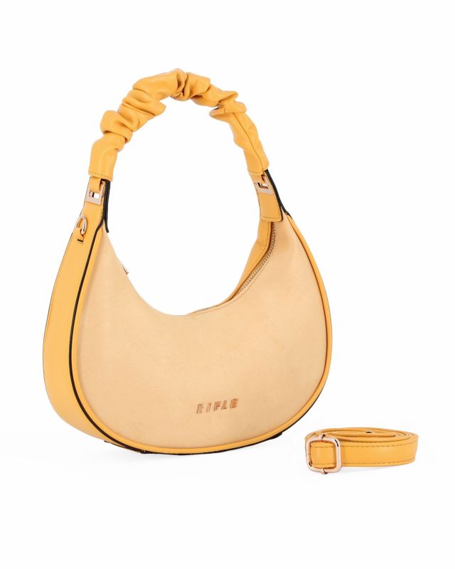 Product: RIFLE - Borsa a spalla gialla con manico arricciato e parte frontale scamosciata , tracolla removibile (1 of 4)