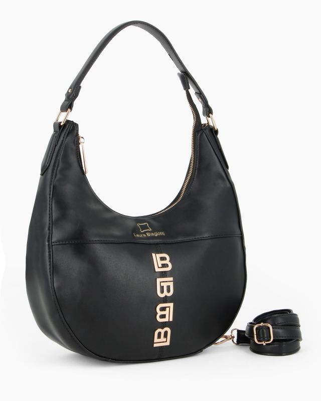 Product: LAURA BIAGIOTTI - Borsa sacca nera con applicazione frontale loghi, tracolla removibile (1 of 8)