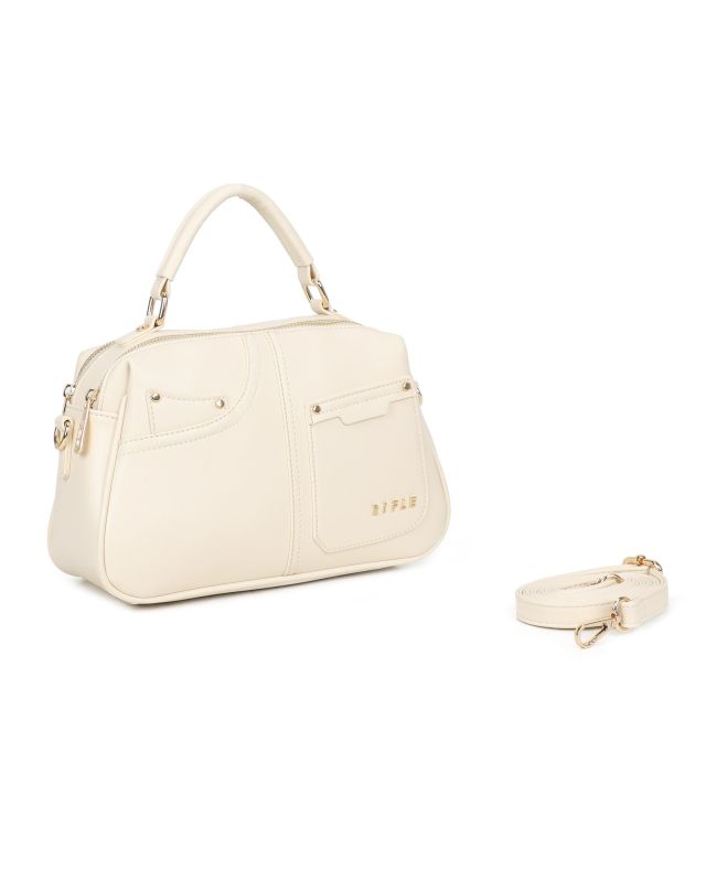 Product: RIFLE - Borsa a mano beige con due scomparti principali e finte tasche frontali, tracolla removibile (1 of 3)