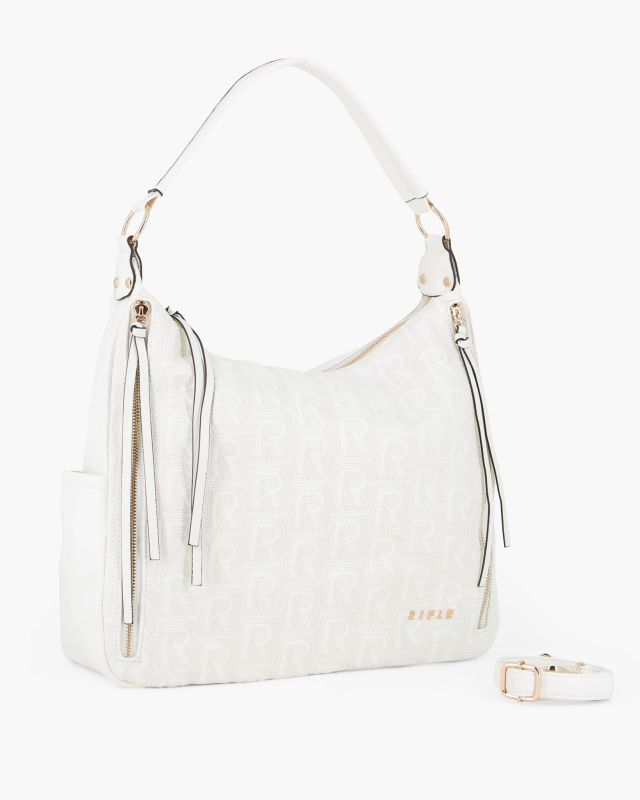 Product: RIFLE - Borsa sacca bianca logata con zip frontali, vericali e tasche laterali, tracolla removibile (1 of 4)