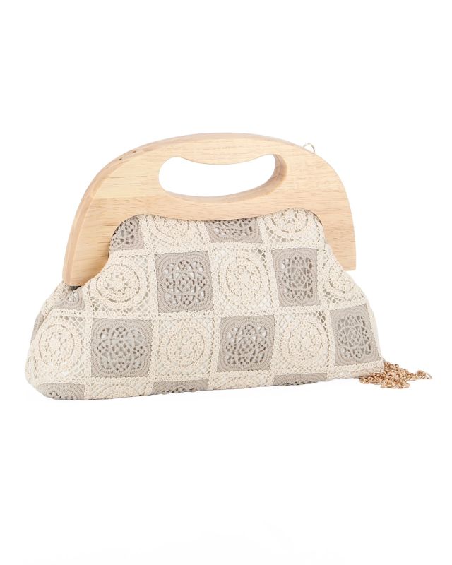 Product: DIVAS - Borsa a mano ricamata taupe e panna con manico in legno (1 of 5)