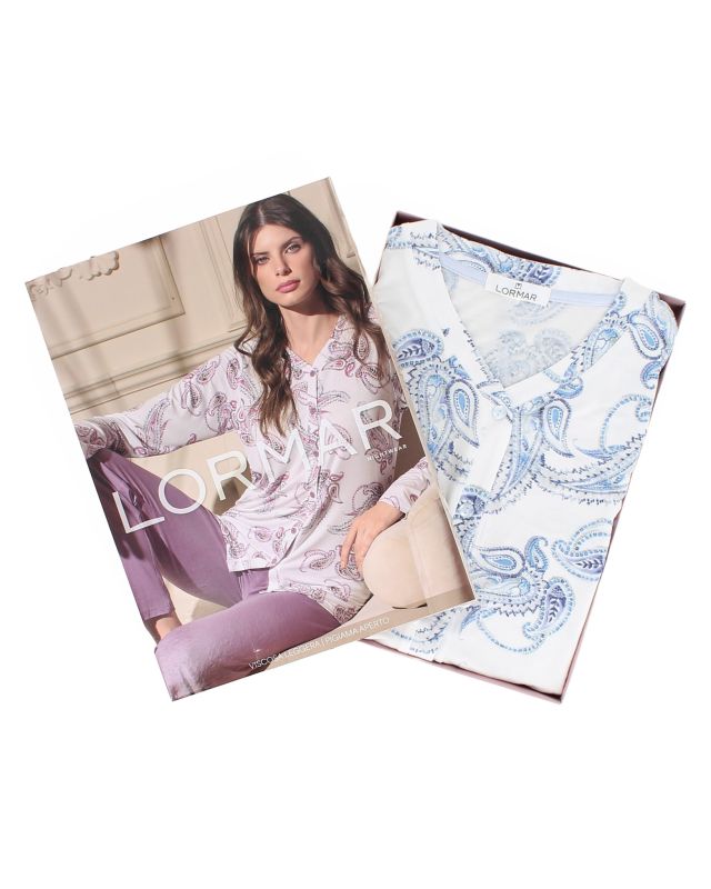Product: LORMAR - PIGIAMA LUNGO AZZURRO DONNA CON BOTTONI IN VISCOSA LEGGERA (1 of 4)