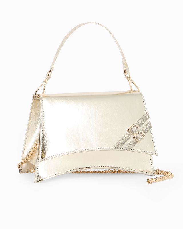 Product: ANNES NICOLE - Pochette platino con dettaglio cinturini sulla patta e tracolla a catenina (1 of 4)