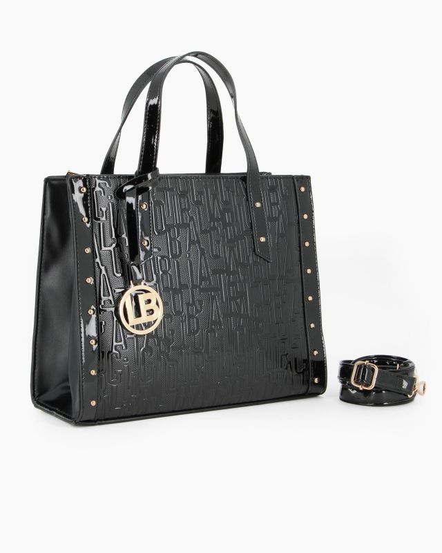 Product: LAURA BIAGIOTTI - Borsa a mano nera con lettere in rilievo e borchie, tracolla removibile (1 of 4)