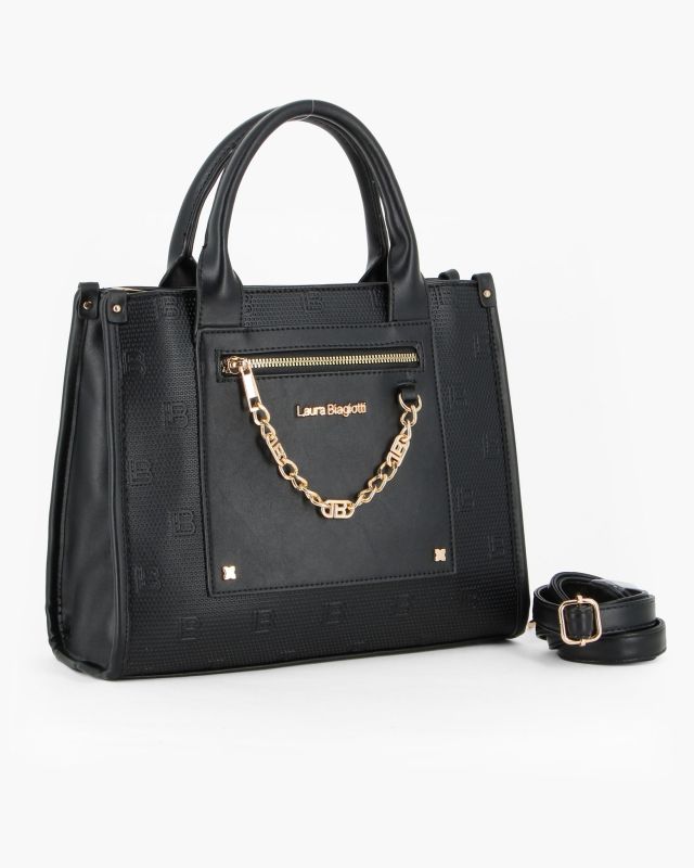 Product: LAURA BIAGIOTTI - Borsa a mano nera con dettaglio catenina sulla tasca frontale, tracolla removibile (1 of 4)