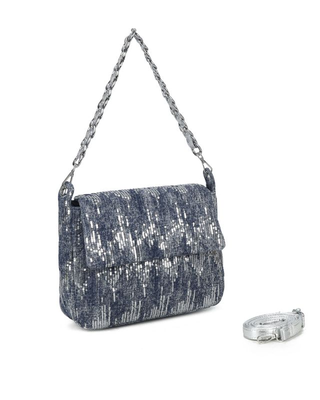 Product: RIFLE - Borsa ad un manico in denim con patta e paillettes argentate, tracolla removibile (1 of 3)