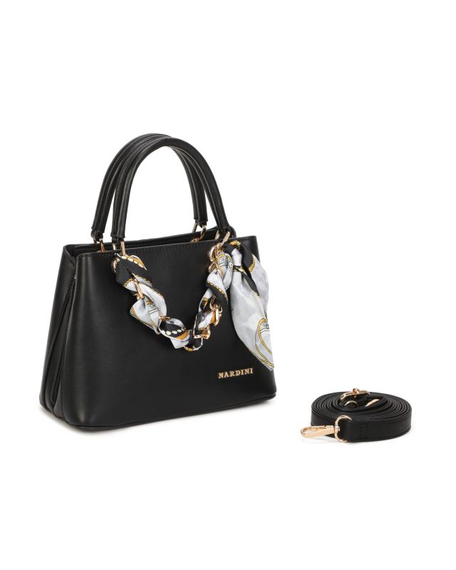 Product: NARDINI - Minibag nera con tre scomparti principali e catena con foulard, tracolla removibile (1 of 3)