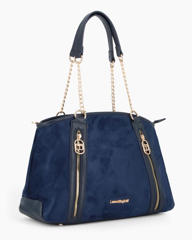 Product: LAURA BIAGIOTTI - Borsa shopping blu scamosciata con due tasche frontali (1 of 4)