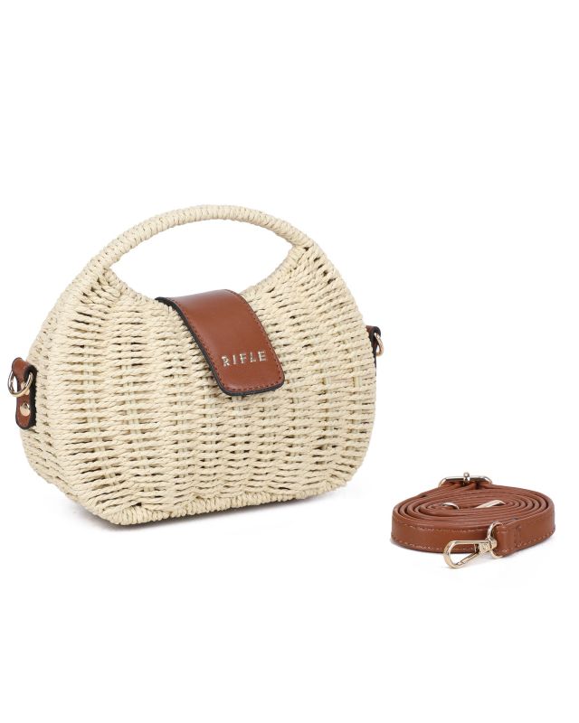 Product: RIFLE - Minibag rigida beige in paglia con pattina, tracolla removibile (1 of 3)