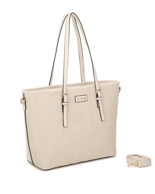 Prodotto: RIFLE - Borsa shopping beige con parte frontale effetto paglia e tasca posteriore, tracolla removibile