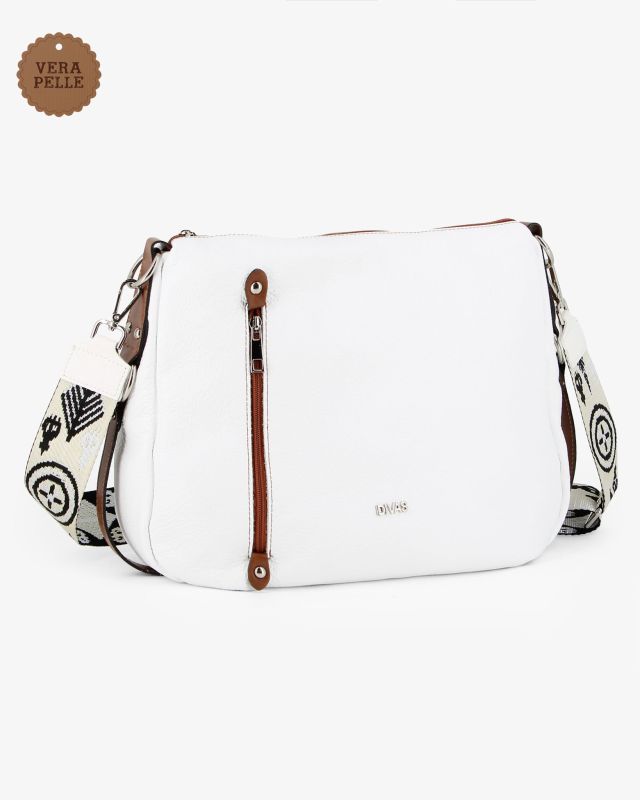 Prodotto: DIVAS - Borsa bianca in VERA PELLE con tasca frontale e tracolla nastro - MADE IN ITALY