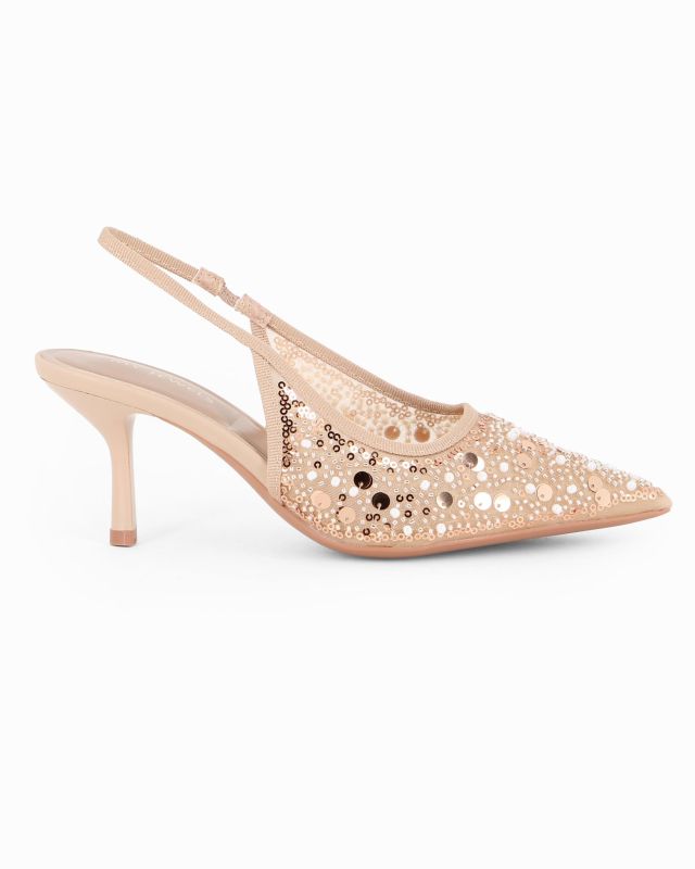 Prodotto: MY JEWELS - Décolleté slingback beige traforata con paillettes, tacco 7CM