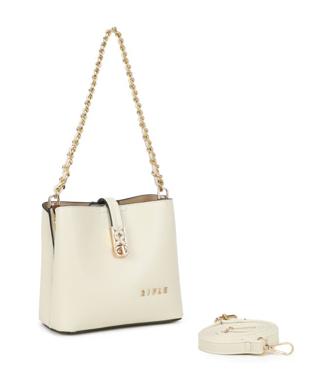 Prodotto: RIFLE - Minibag beige con tre scomparti principali e pattina con chiusura a girello, tracolla removibile