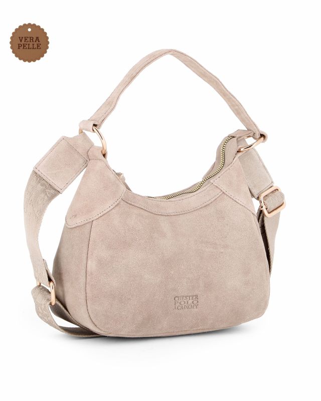 Prodotto: CHESTER POLO ACADEMY - Minibag beige scamosciata in VERA PELLE con tracolla nastro loggata