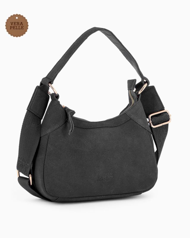 Prodotto: CHESTER POLO ACADEMY - Minibag nera scamosciata in VERA PELLE con tracolla nastro loggata