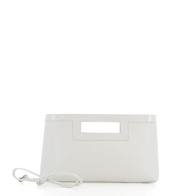 Prodotto: TATOO - Pochette bianca in saffiano e vernice con tracolla removibile, MADE IN ITALY