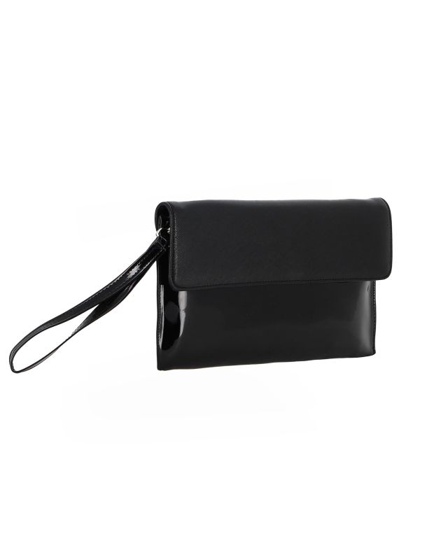 Prodotto: TATOO - Pochette nera in vernice con patta, laccetto e tracolla removibile, MADE IN ITALY