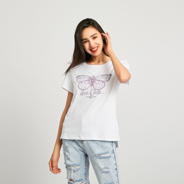 Prodotto: BACHATA - TSHIRT MANICA CORTA BIANCA CON STAMPA FARFALLA