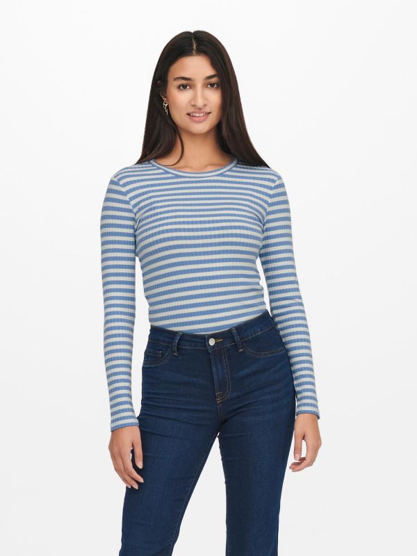 Prodotto: JACQUELINE de YONG - T-SHIRT MANICA LUNGA A RIGHE AZZURRE E BIANCHE