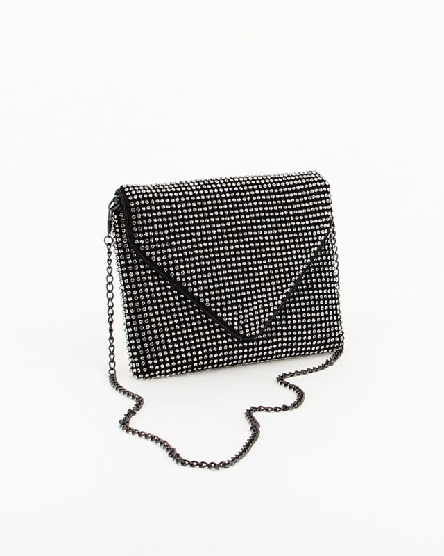 Prodotto: DIVAS - Pochette nera con strass e patta, tracolla catenina removibile