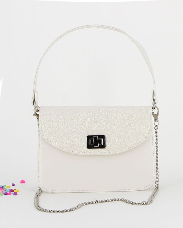 Prodotto: ANNES NICOLE - Pochette bianca un manico con patta glitterata, chiusura a girello e catenina removibile, MADE IN ITALY