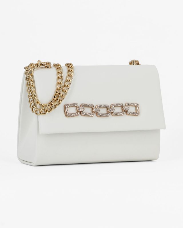 Prodotto: MISS GLOBO - Pochette bianca con catena in strass sulla patta