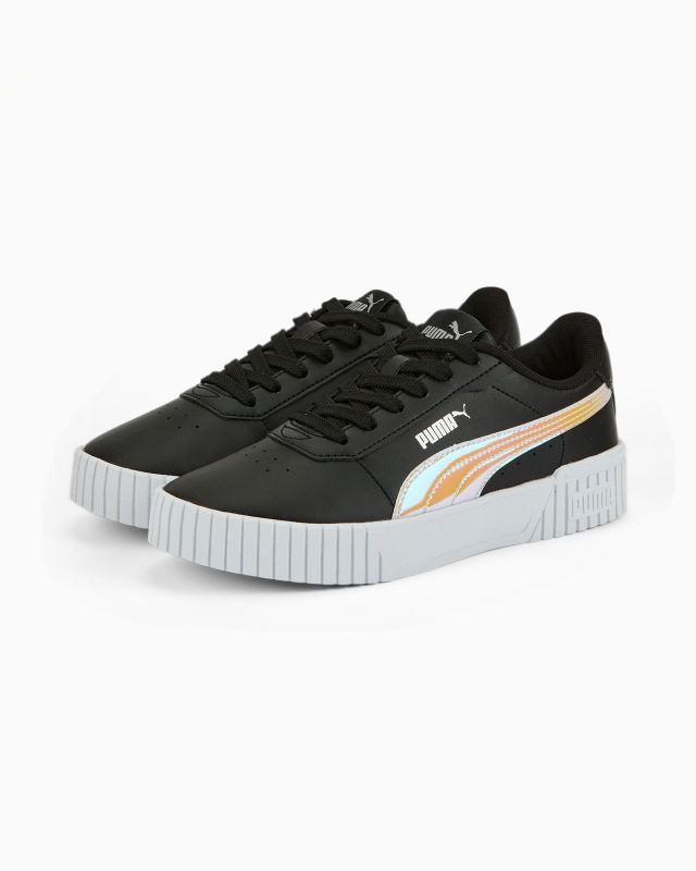 Prodotto: PUMA CARINA 2.0 HOLO JR - Sneakers nera e bianca con logo arcobaleno, numerata 36/39