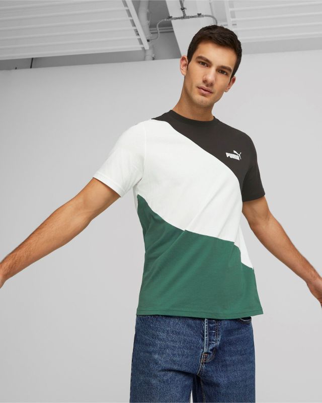 Prodotto: PUMA - T shirt girocollo da uomo nera bianca e verde in cotone con logo bianco
