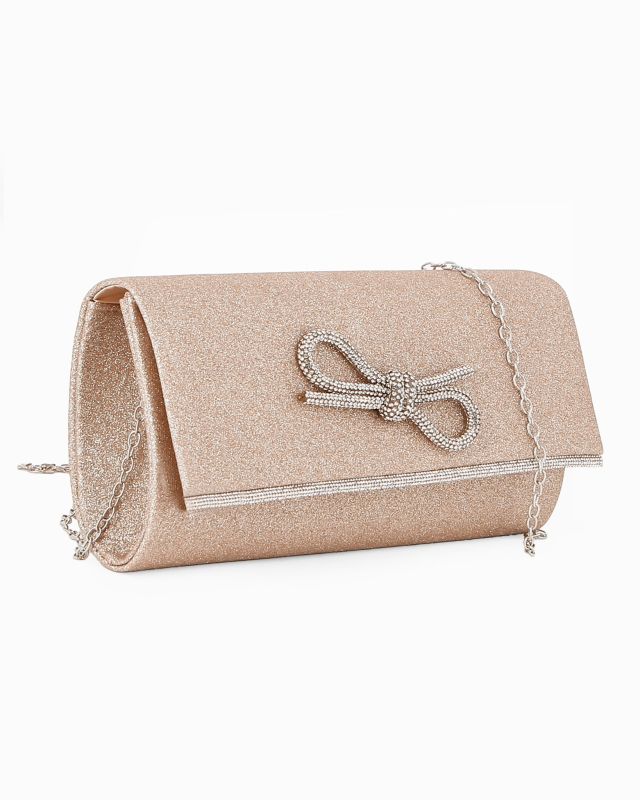 Prodotto: MISS GLOBO - Bustina rose gold glitterata con fiocco di strass e finitura sulla patta