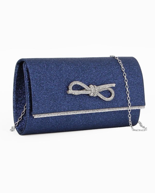 Prodotto: MISS GLOBO - Bustina blu glitterata con fiocco di strass e finitura sulla patta