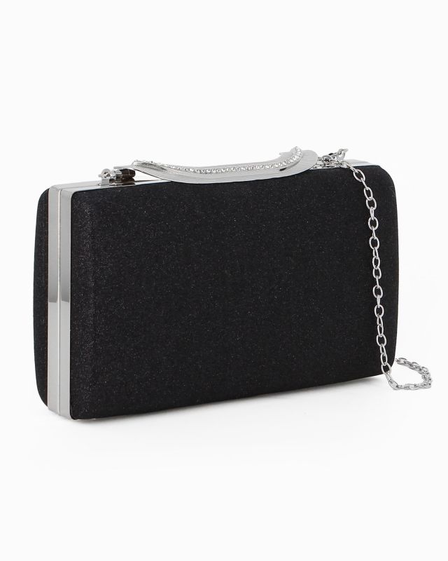 Prodotto: MISS GLOBO - Clutch nera glitterata con chiusura metallica con strass